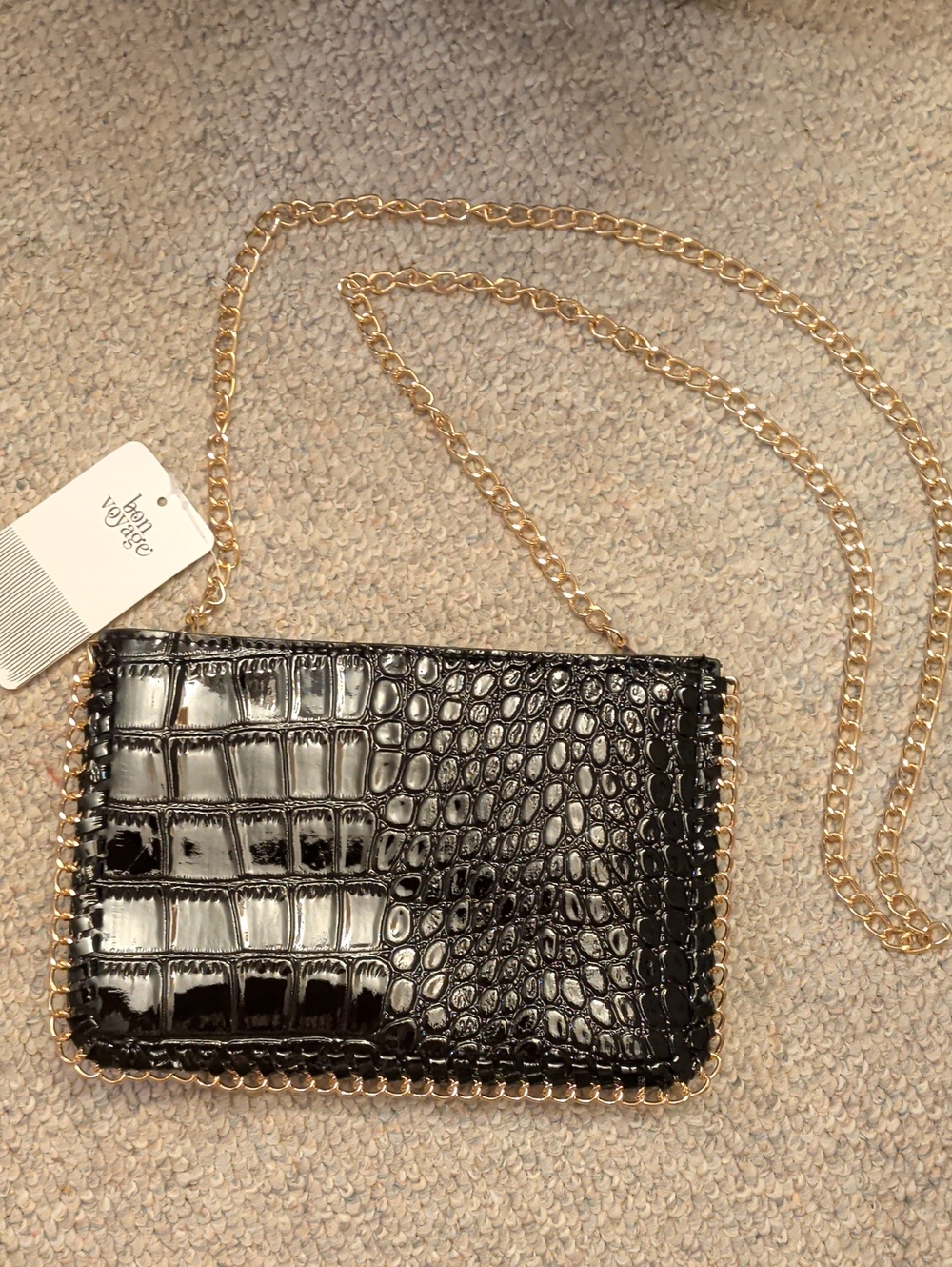 Bon Voyage Black Croc-Embossed Crossbody with Gold Tone Chain. New With Tag